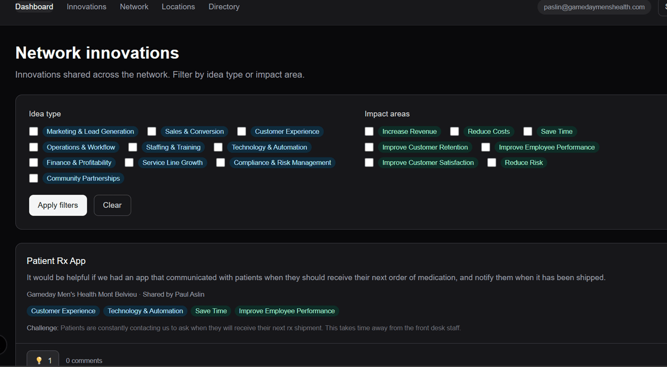 Network Innovations page with filters and idea cards