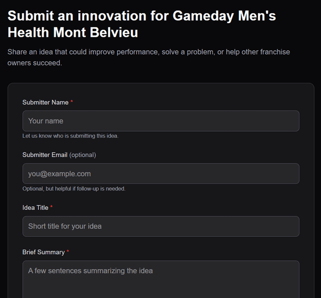 Idea submission form with basic details